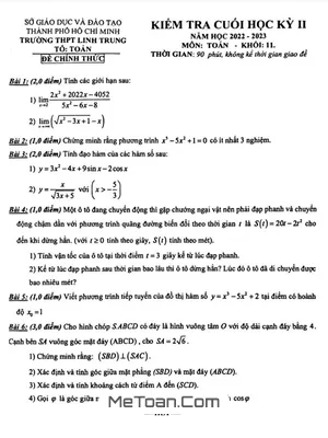 Đề Thi Cuối Học Kỳ 2 Toán 11 Năm 2022 - 2023 Trường THPT Linh Trung - TP HCM