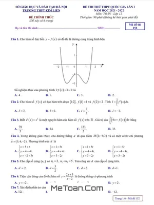 Đề thi thử THPT Quốc gia 2022 môn Toán lần 1 trường THPT Kim Liên - Hà Nội