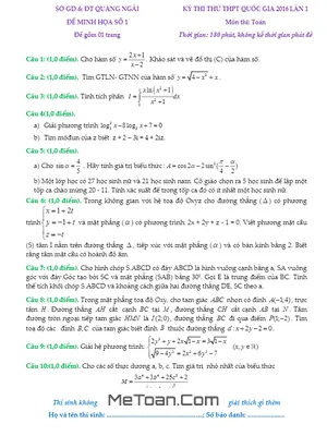 Đề thi thử THPT Quốc gia 2016 môn Toán Sở GD&ĐT Quảng Ngãi lần 1 (có đáp án)