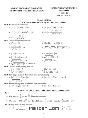 Ôn Thi Học Kì 2 Toán 10 Năm 2021 - 2022 Trường THPT Trần Phú - Hà Nội