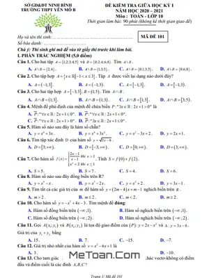 Đề kiểm tra giữa HK1 Toán 10 năm 2020 - 2021 trường THPT Yên Mô B - Ninh Bình