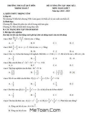 Đề Cương Ôn Tập Học Kì 2 Môn Toán Lớp 7 Năm 2022 - 2023 Trường THCS Lê Quý Đôn - Hà Nội