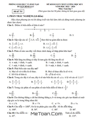 Đề thi học kì 1 Toán 7 năm 2023 - 2024 phòng GD&ĐT Bình Lục - Hà Nam