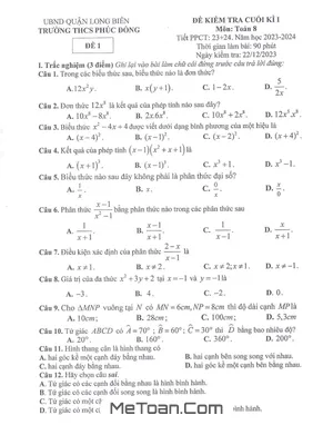 Đề Thi Cuối Kì 1 Môn Toán Lớp 8 Năm 2023 - 2024 Trường THCS Phúc Đồng - Hà Nội