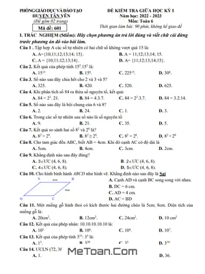 Đề thi giữa học kì 1 Toán lớp 6 năm 2022 - 2023 phòng GD&ĐT Tân Yên - Bắc Giang