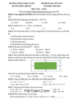 Đề Thi Giữa Kì 1 Toán 8 Năm 2023 - 2024 Trường THCS Huỳnh Thúc Kháng - Đà Nẵng