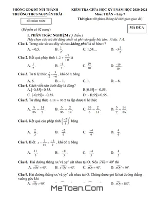 Đề thi giữa kì 1 Toán 7 năm 2020 - 2021 trường THCS Nguyễn Trãi - Quảng Nam