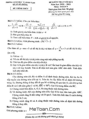 Đề thi học kì 1 Toán 9 năm 2020 - 2021 phòng GD&ĐT Hà Đông - Có lời giải