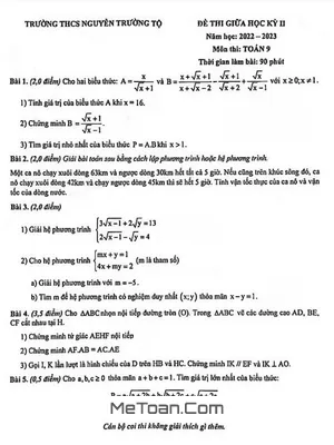 Đề thi giữa kỳ 2 Toán 9 năm 2022 - 2023 trường THCS Nguyễn Trường Tộ - Hà Nội