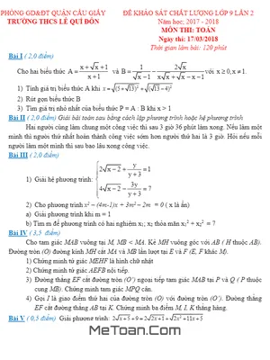 Đề KSCL Toán 9 năm 2017 - 2018 trường THCS Lê Quý Đôn - Hà Nội lần 2