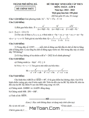 Đề thi học sinh giỏi Toán 8 năm 2022 - 2023 phòng GD&ĐT Đông Hà - Quảng Trị