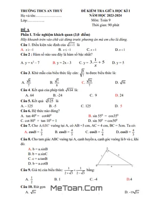 Đề thi giữa kì 1 Toán 9 năm 2023 - 2024 trường THCS An Thủy - Quảng Bình