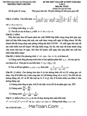 Đề thi thử Toán vào lớp 10 lần 2 năm 2021 trường chuyên Đại học Sư phạm Hà Nội