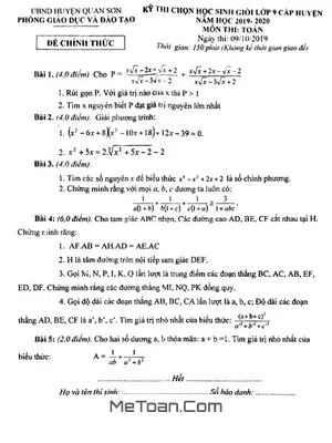 Đề thi chọn HSG huyện Toán 9 năm 2019 - 2020 phòng GD&ĐT Quan Sơn - Thanh Hóa