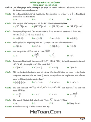 Ôn Tập Cuối Kì 1 Toán 10 CTST: 10 Đề Trắc Nghiệm Có Đáp Án