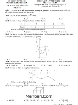 Đề KSCL lần 1 Toán 12 năm 2024 - 2025 trường THPT Triệu Sơn 4 - Thanh Hóa