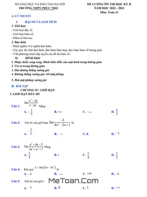Đề Cương Ôn Thi Học Kỳ 2 Môn Toán Lớp 11 Năm 2022 - 2023 Trường THPT Phúc Thọ - Hà Nội