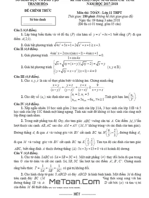 Đề thi chọn HSG Toán 11 cấp tỉnh Thanh Hóa năm 2017 - 2018 có lời giải