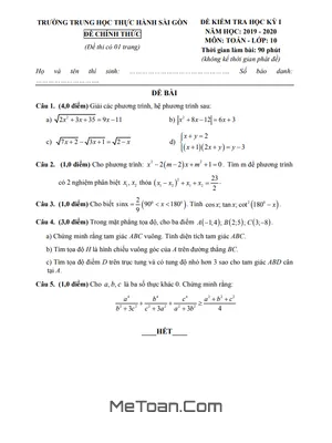 Đề thi học kì 1 Toán 10 năm 2019 - 2020 trường TH Thực hành Sài Gòn - TP HCM có lời giải
