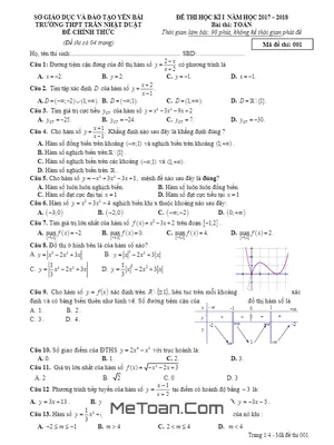 Đề thi học kỳ 1 Toán 12 năm 2017 - 2018 trường THPT Trần Nhật Duật - Yên Bái (có đáp án)