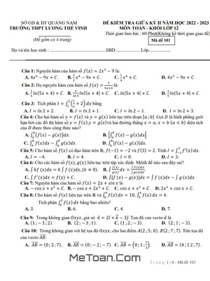 Đề Thi Giữa Kỳ 2 Môn Toán Lớp 12 Năm 2022 - 2023 Trường THPT Lương Thế Vinh - Quảng Nam