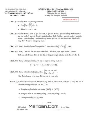 Đề thi HK1 Toán 11 năm 2019 - 2020 trường THPT Trần Hữu Trang - TP HCM