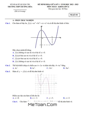 Đề Minh Họa Giữa Kì 1 Toán 12 Năm 2022 - 2023 Trường THPT Hướng Hóa - Quảng Trị