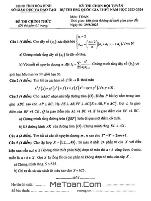 Đề chọn đội tuyển thi HSG QG môn Toán năm 2023 - 2024 sở GD&ĐT Hòa Bình