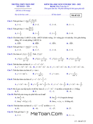 Đề thi học kì 2 Toán 11 năm 2021 - 2022 trường THPT Trần Phú - Phú Yên (có đáp án)