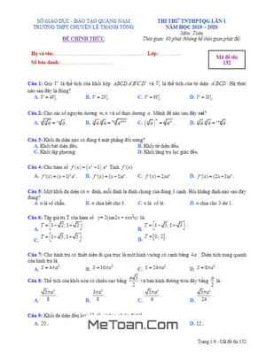 Đề thi thử Toán THPTQG 2020 lần 1 trường chuyên Lê Thánh Tông – Quảng Nam