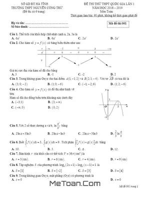 Đề thi thử Toán THPT Quốc gia 2019 lần 1 trường Nguyễn Công Trứ – Hà Tĩnh