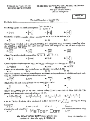 Đề thi thử THPT Quốc gia 2018 môn Toán trường THPT chuyên ĐHSP Hà Nội - Lần 3 [Có đáp án]
