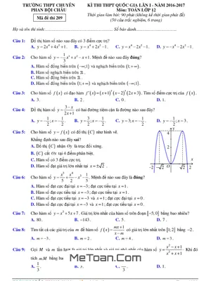 Đề thi thử THPT Quốc gia 2017 môn Toán trường chuyên Phan Bội Châu - Nghệ An lần 1