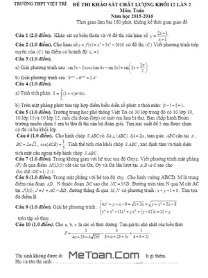 Đề Thi Thử Quốc Gia Môn Toán Trường Việt Trì - Phú Thọ Lần 2 Năm 2016