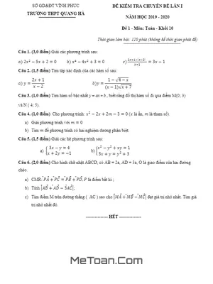 Đề kiểm tra chuyên đề Toán 10 lần 1 năm 2019 – 2020 trường THPT Quang Hà – Vĩnh Phúc