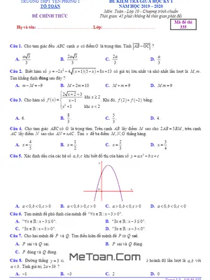 Đề kiểm tra giữa HK1 Toán 10 năm 2019 – 2020 trường Yên Phong 1 – Bắc Ninh