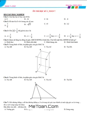 Đề Cương Ôn Thi Học Kỳ 1 Toán Lớp 7 Năm 2022 - 2023 (Chân Trời Sáng Tạo)