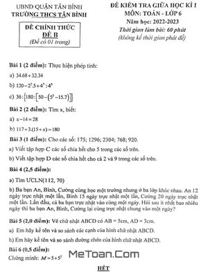 Đề thi giữa kì 1 Toán lớp 6 năm 2022 - 2023 trường THCS Tân Bình - TP HCM