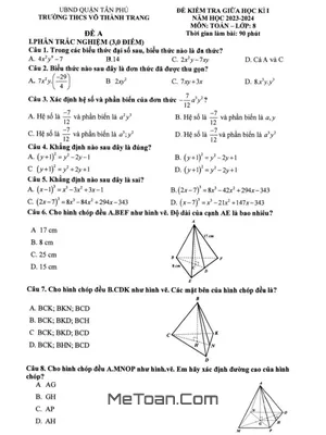 Đề Thi Giữa Kì 1 Toán 8 Năm 2023-2024 Trường THCS Võ Thành Trang - TP.HCM