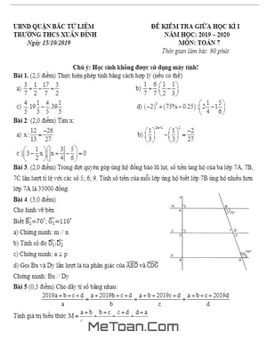 Đề thi giữa kì 1 Toán 7 năm 2019 - 2020 trường THCS Xuân Đỉnh - Hà Nội