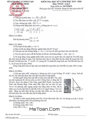 Đề thi học kì 1 Toán lớp 9 năm 2019 - 2020 sở GD&ĐT Đồng Tháp (có đáp án)