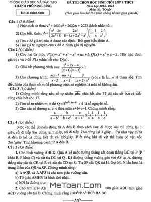 Đề thi học sinh giỏi Toán 8 năm 2022 - 2023 phòng GD&ĐT thành phố Ninh Bình