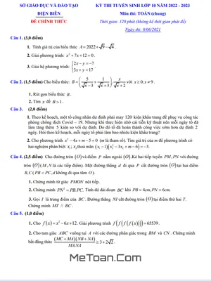 Đề thi tuyển sinh lớp 10 môn Toán (chung) năm 2022 - 2023 Sở GD&ĐT Điện Biên