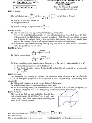 Đề thi thử Toán vào lớp 10 lần 2 năm 2021 - 2022 trường Thái Thịnh - Hà Nội