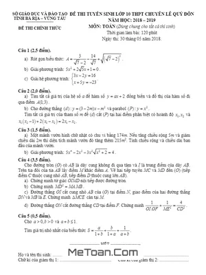 Đề thi tuyển sinh lớp 10 môn Toán chuyên Lê Quý Đôn - Bà Rịa Vũng Tàu năm 2018 - 2019 có lời giải