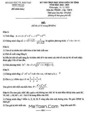Đề thi Học sinh giỏi cấp tỉnh môn Toán THCS năm 2022 - 2023 Sở GD&ĐT Ninh Thuận