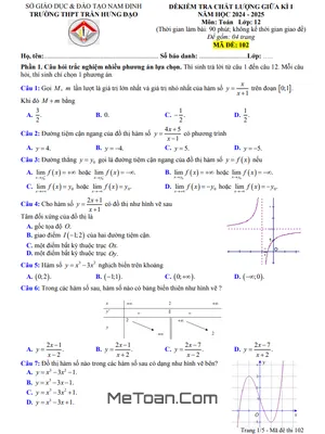 Đề giữa kì 1 Toán 12 năm 2024 - 2025 trường THPT Trần Hưng Đạo - Nam Định