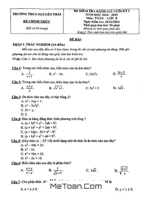 Đề thi học kỳ 1 Toán 8 năm 2024 - 2025 trường THCS Nguyễn Trãi - TP HCM