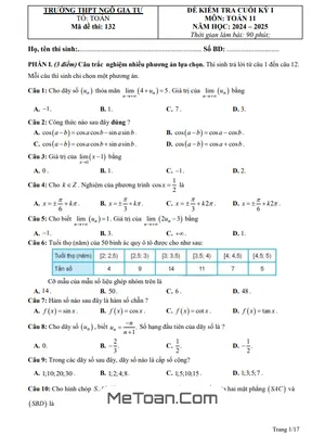 Đề Thi Cuối Kỳ 1 Toán 11 Năm 2024 - 2025 Trường THPT Ngô Gia Tự - Phú Yên (Có Đáp Án)