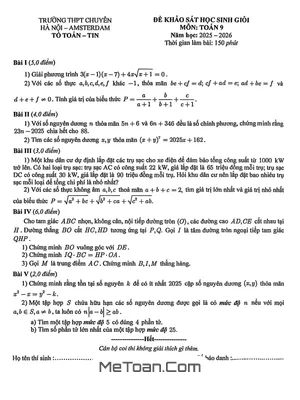 Đề Khảo Sát HSG Toán 9 Năm Học 2025-2026 Trường THPT Chuyên Hà Nội - Amsterdam